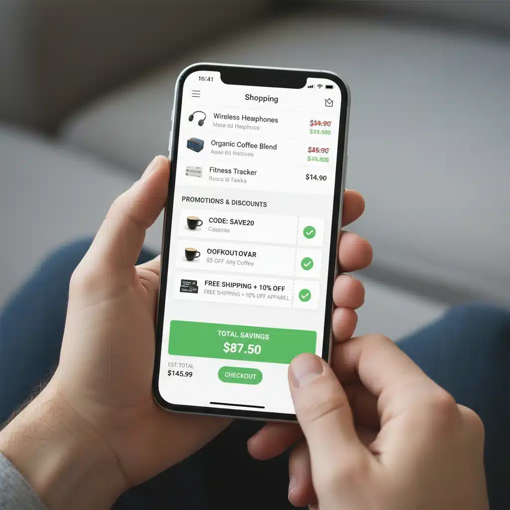 Smartphone showing multiple digital coupons stacked in an online cart