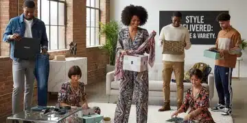 Diverse individuals unboxing fashion subscription boxes with stylish clothing and accessories.