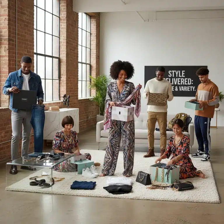 Diverse individuals unboxing fashion subscription boxes with stylish clothing and accessories.