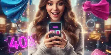 Woman happily shopping flash sales on mobile for apparel and accessories