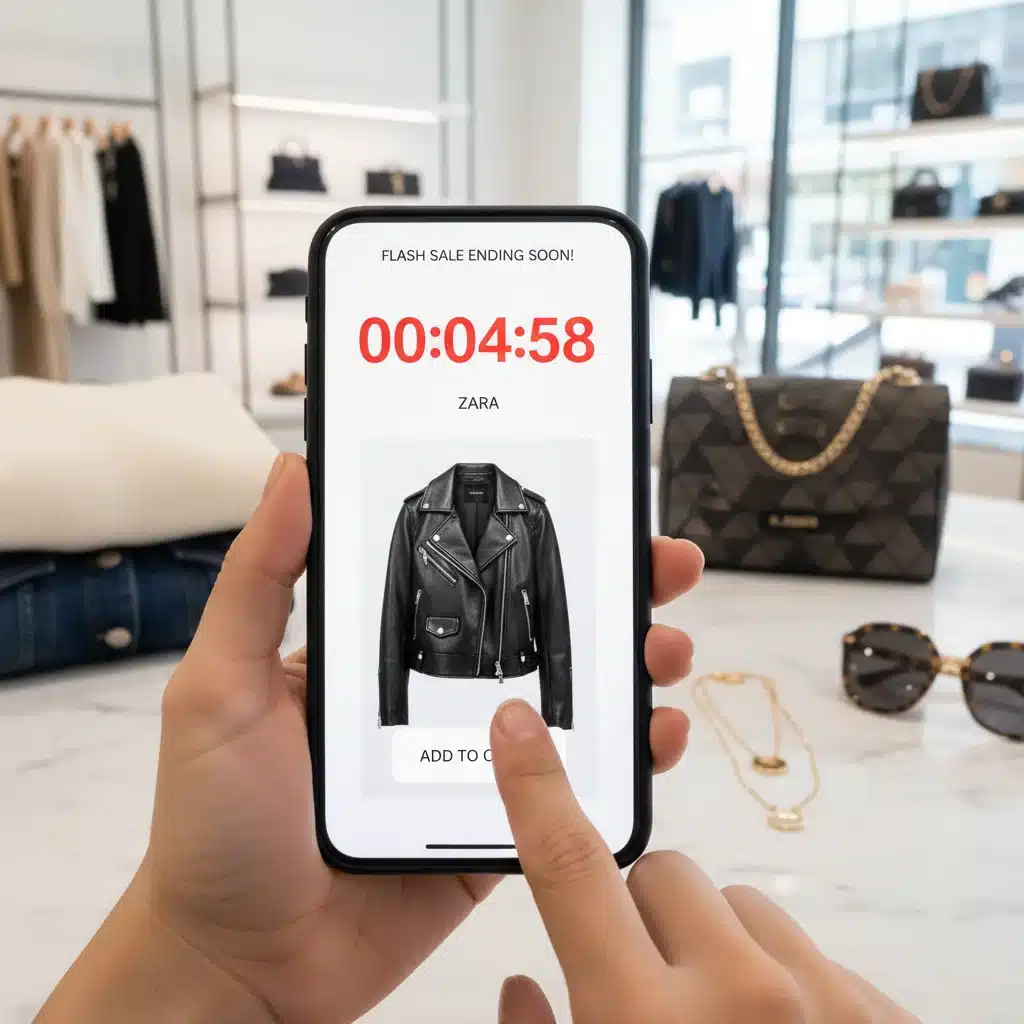 Smartphone screen showing flash sale countdown for fashion items
