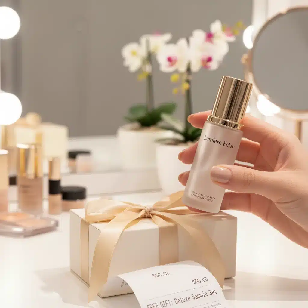 Hand holding free full-size beauty product with purchase receipt