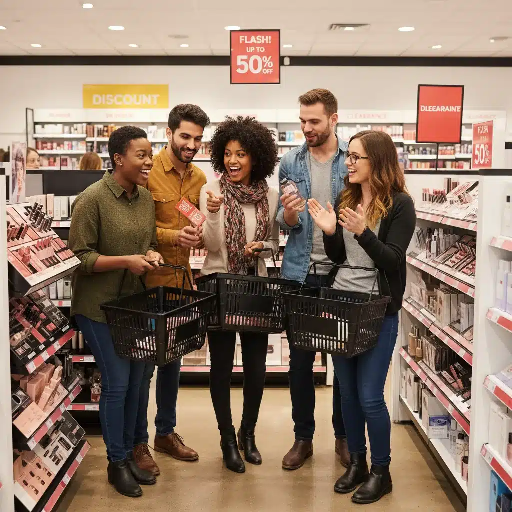 Friends happily shopping for discounted makeup and fragrances in a bustling beauty store.