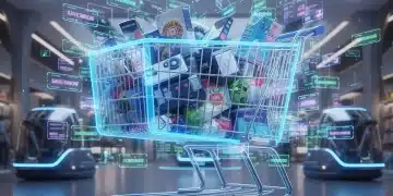 Futuristic shopping cart with digital coupons and promo codes