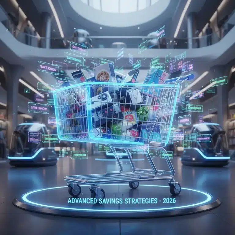 Futuristic shopping cart with digital coupons and promo codes