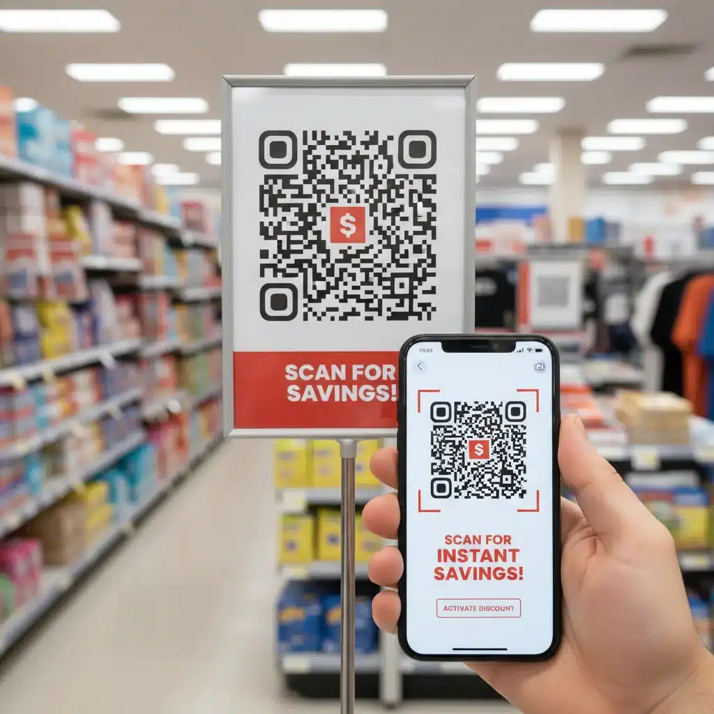 Hand scanning QR code with smartphone in a retail store for app discounts.