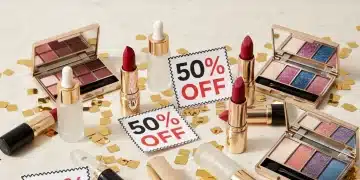 Luxurious beauty products with '50% Off' tags, symbolizing incredible flash sale savings.