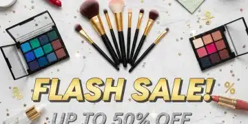 Luxurious beauty products arranged with sparkling discount tags for 2026 sales.