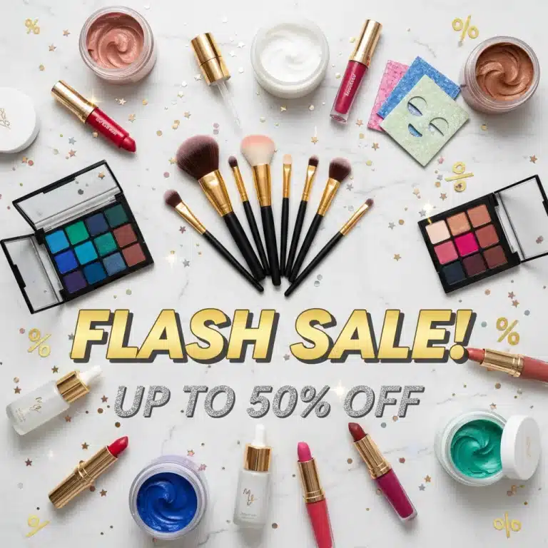 Luxurious beauty products arranged with sparkling discount tags for 2026 sales.
