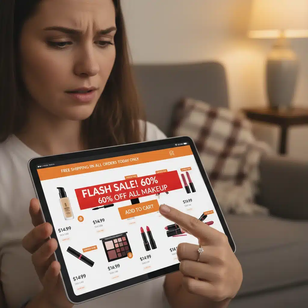 Person shopping online for beauty deals on a tablet, ready to add to cart.