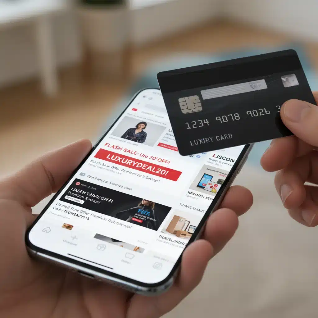 Hands holding a smartphone displaying online discount codes for premium fashion, illustrating smart shopping.