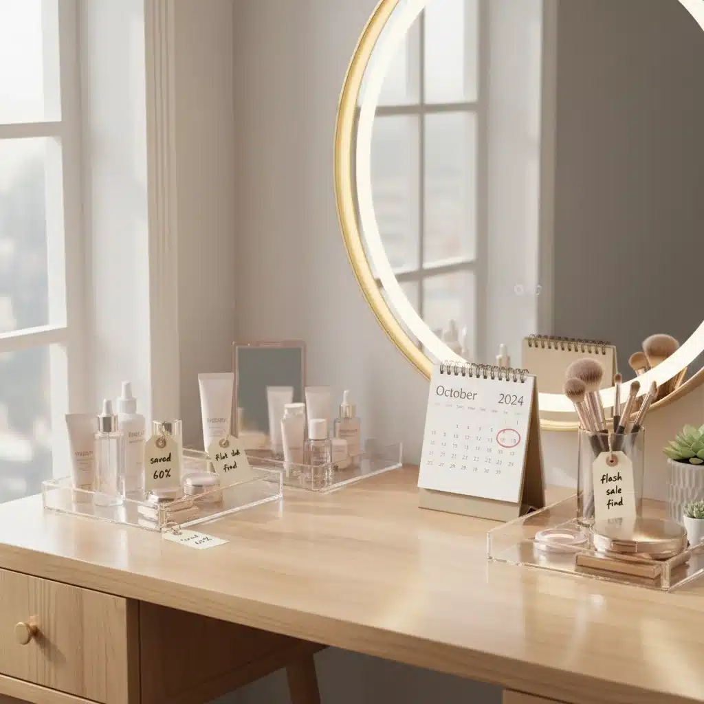 Organized vanity with flash sale beauty finds and a calendar marking future sale alerts.