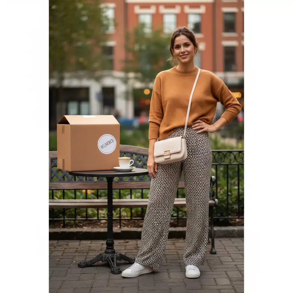 Stylish woman wearing a new outfit from a fashion subscription box, looking confident.