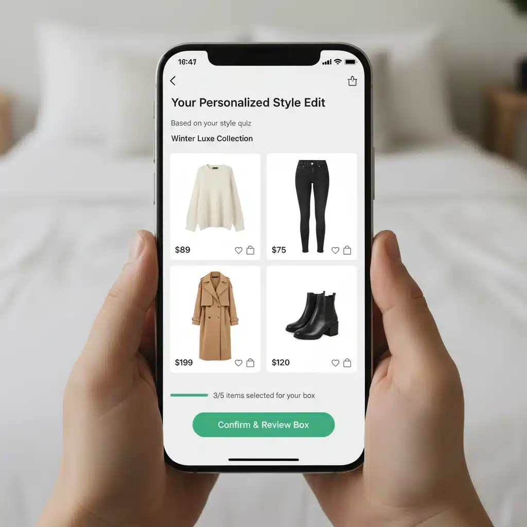 Smartphone displaying personalized style quiz results and clothing recommendations from a subscription box.