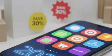 Smartphone displaying various retailer app icons with shopping bags and discount tags, representing mobile savings in 2026.