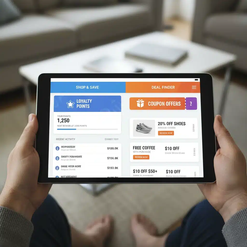 Tablet showing a comparison of two retailer apps with loyalty points and personalized coupon offers.
