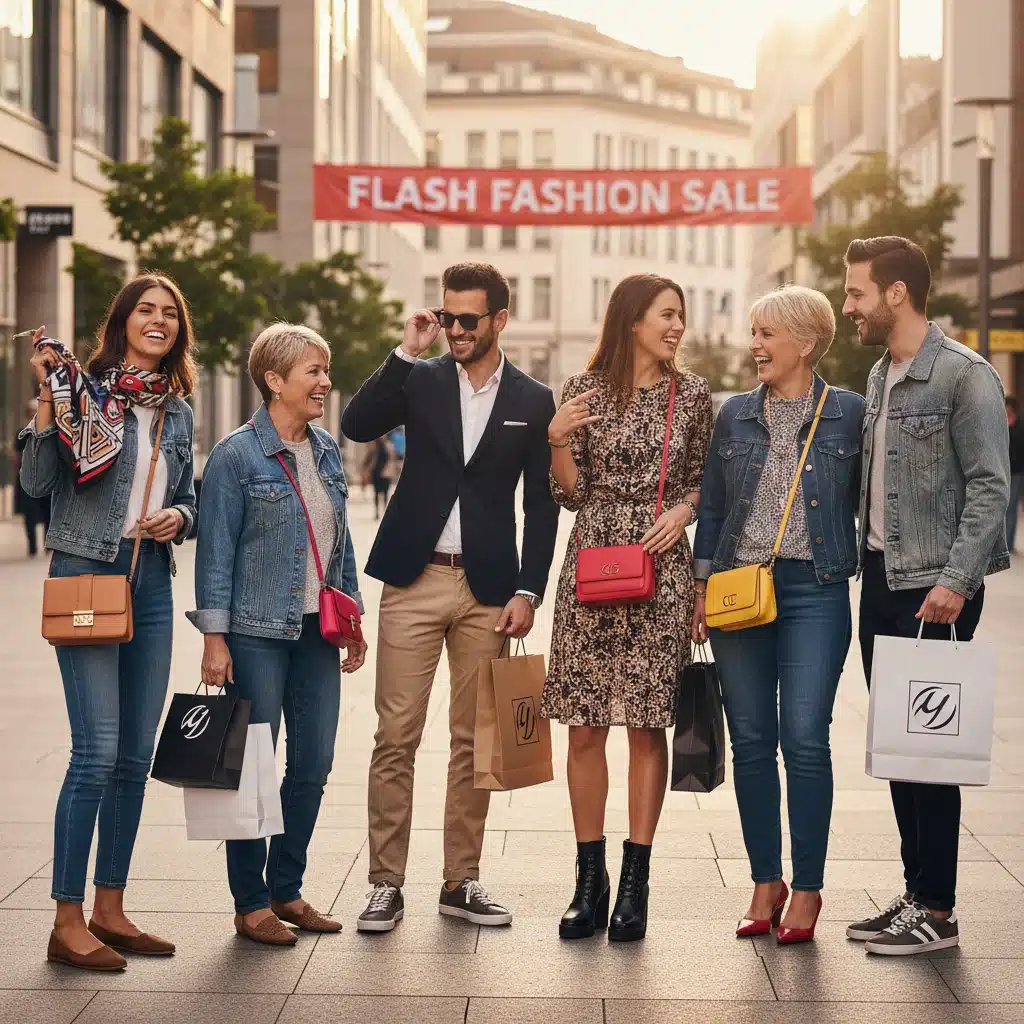 Diverse group of happy shoppers displaying flash sale fashion finds