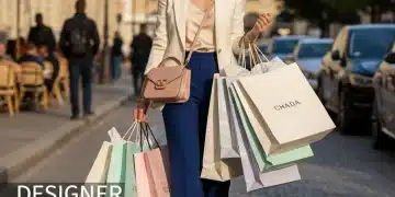 Woman with designer shopping bags, embodying smart luxury fashion purchases.