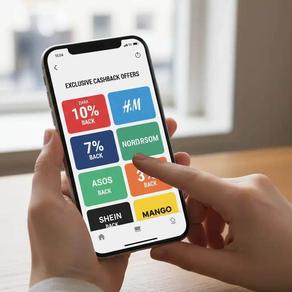 Smartphone screen showing diverse fashion cashback offers