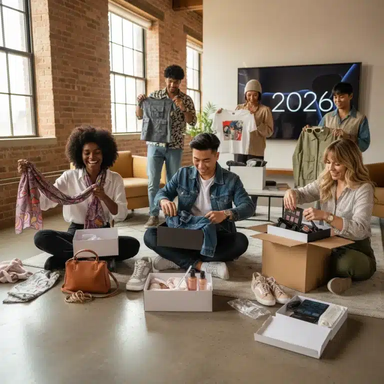 People happily unboxing top style subscription boxes 2026, revealing fashionable clothing and accessories.