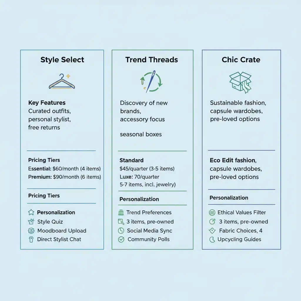 Infographic comparing features and pricing of three popular style subscription services.