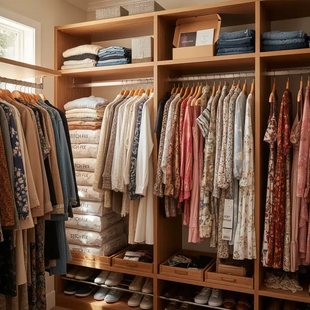 Organized closet showcasing integration of new subscription box clothing with existing wardrobe.