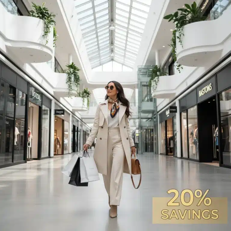 Woman happily shopping, demonstrating significant savings on her new wardrobe.