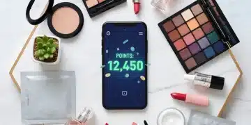 Smartphone displaying beauty rewards app surrounded by cosmetic products