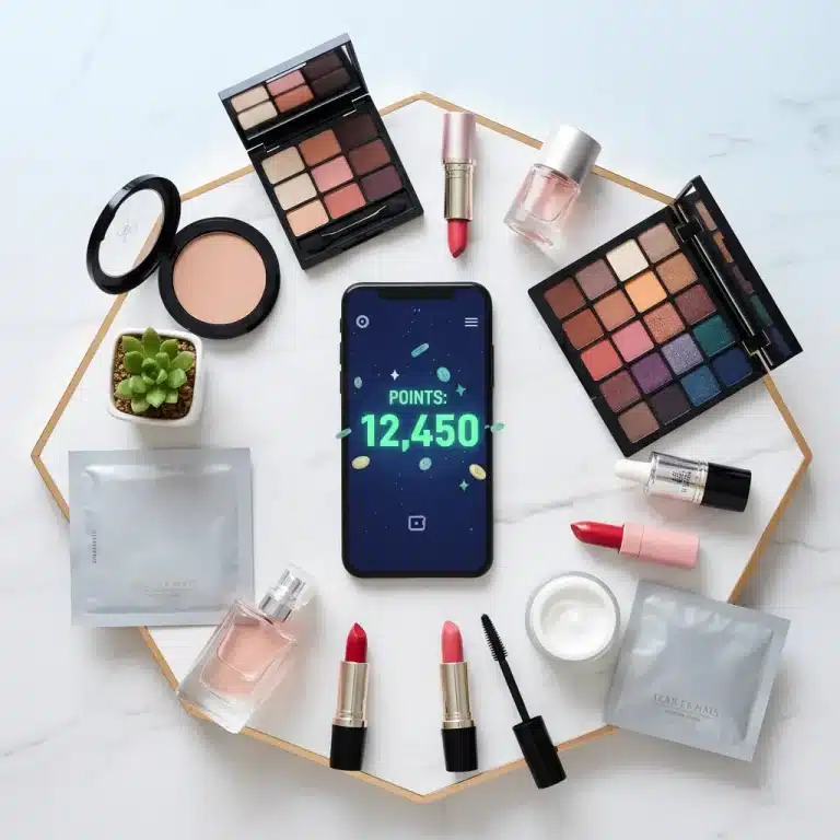Smartphone displaying beauty rewards app surrounded by cosmetic products