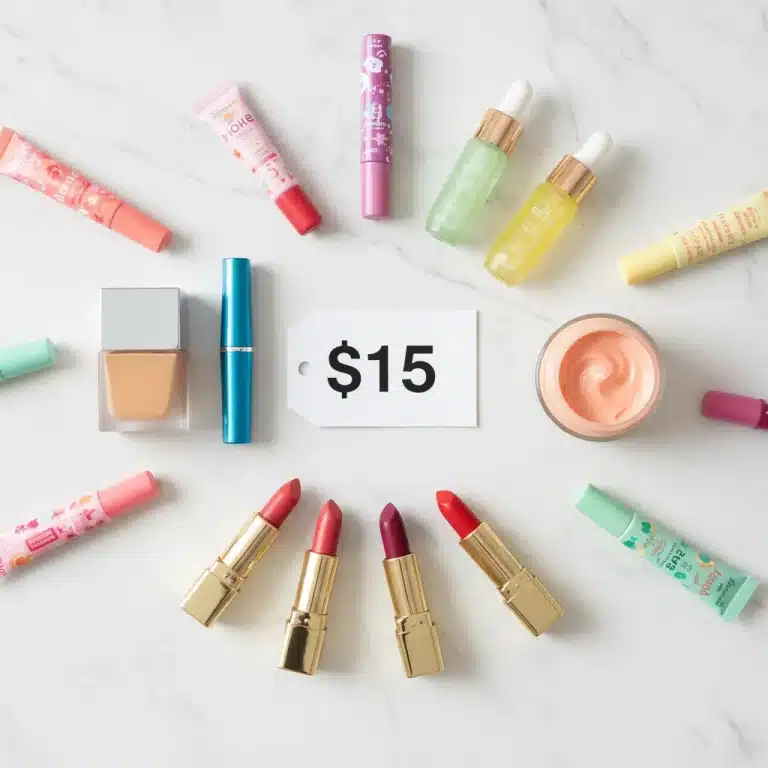 Assortment of vibrant, affordable beauty products under $15 for a high-performance routine