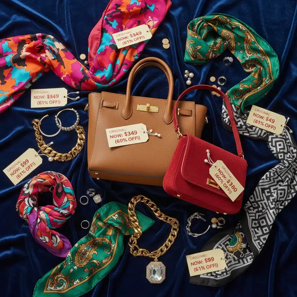 Luxurious fashion accessories with discounted price tags, showcasing great savings.