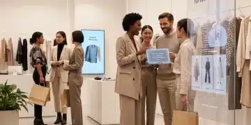 Stylish shoppers engaging with a modern fashion loyalty program in a chic boutique setting.