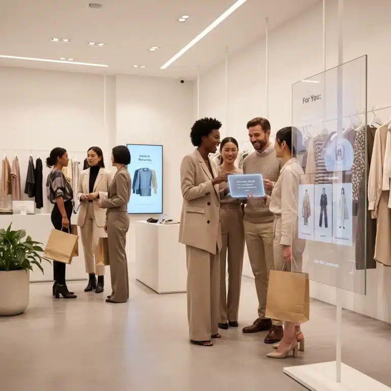 Stylish shoppers engaging with a modern fashion loyalty program in a chic boutique setting.