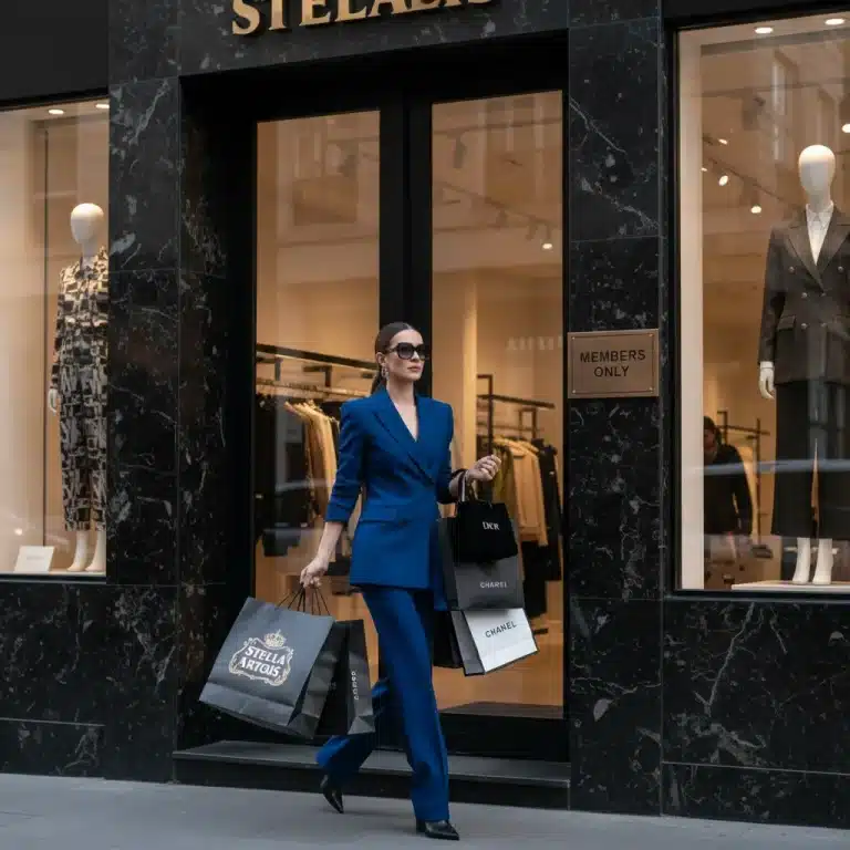 Woman leaving luxury fashion store with shopping bags, showcasing membership benefits.