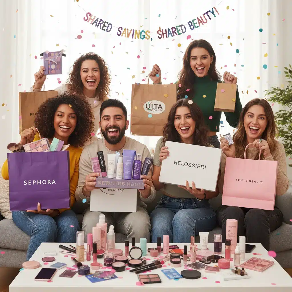 Friends showing off beauty products obtained with rewards points