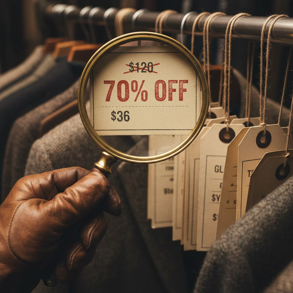 Hand with magnifying glass examining clothing tags for discounts on a retail rack.