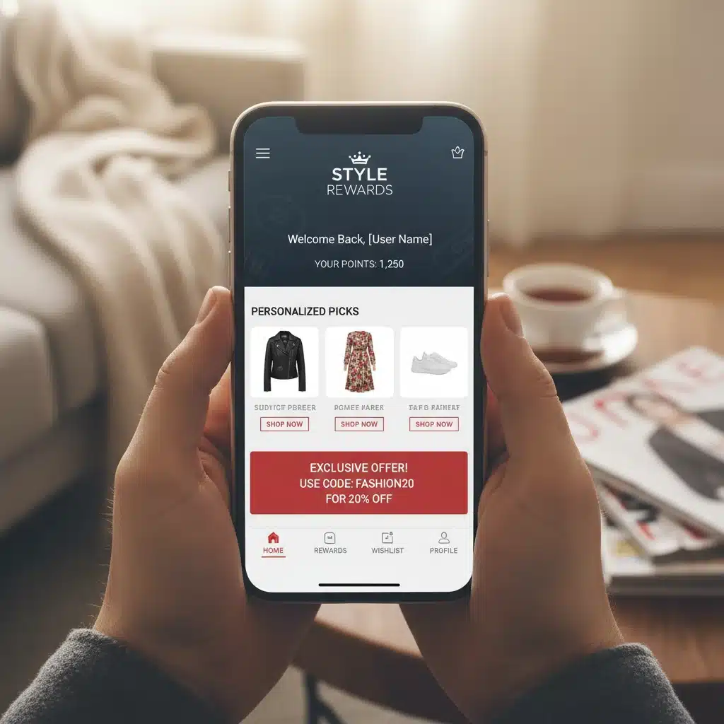Smartphone displaying fashion loyalty app with personalized offers and points.