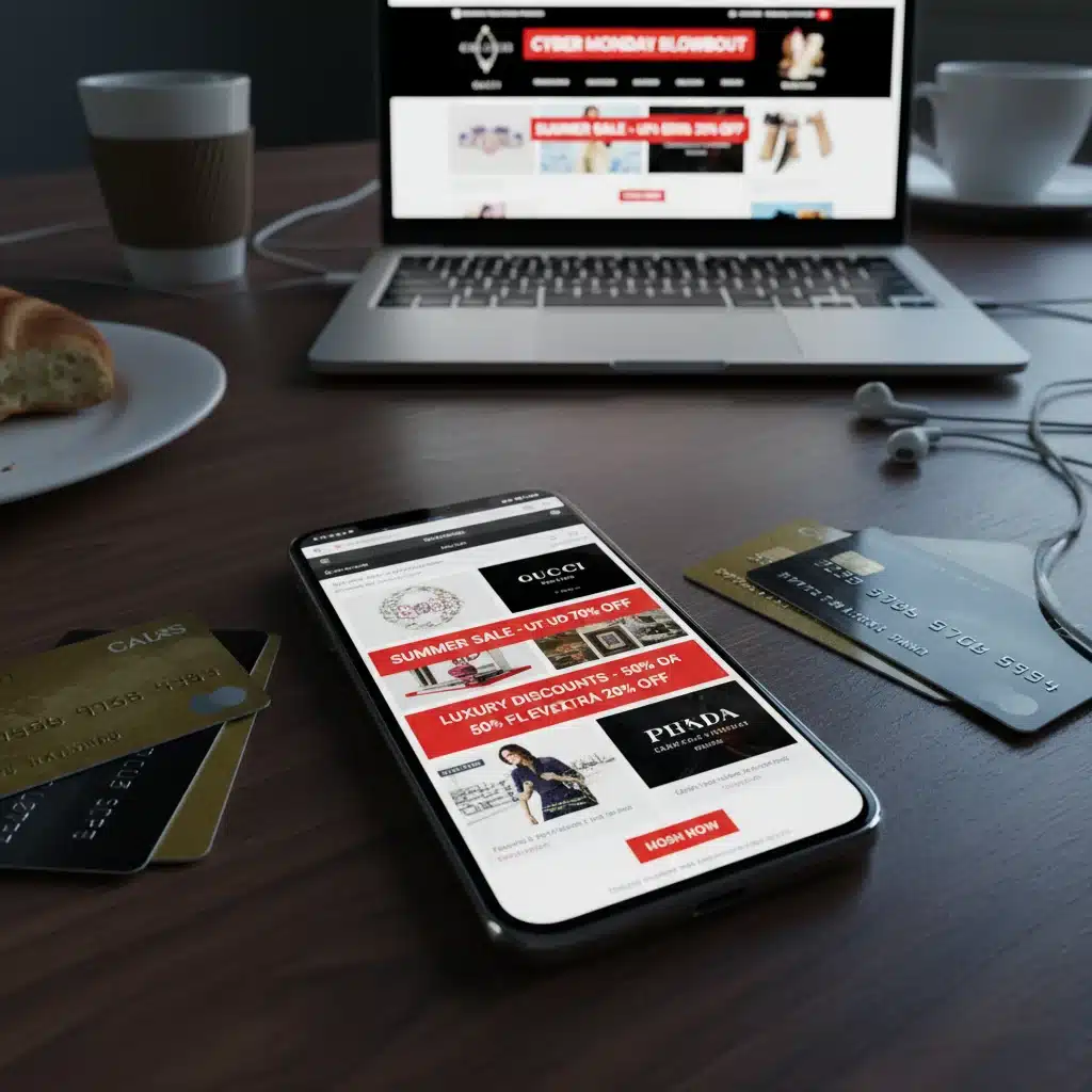 Smartphone showing online designer sales and discount offers with credit cards
