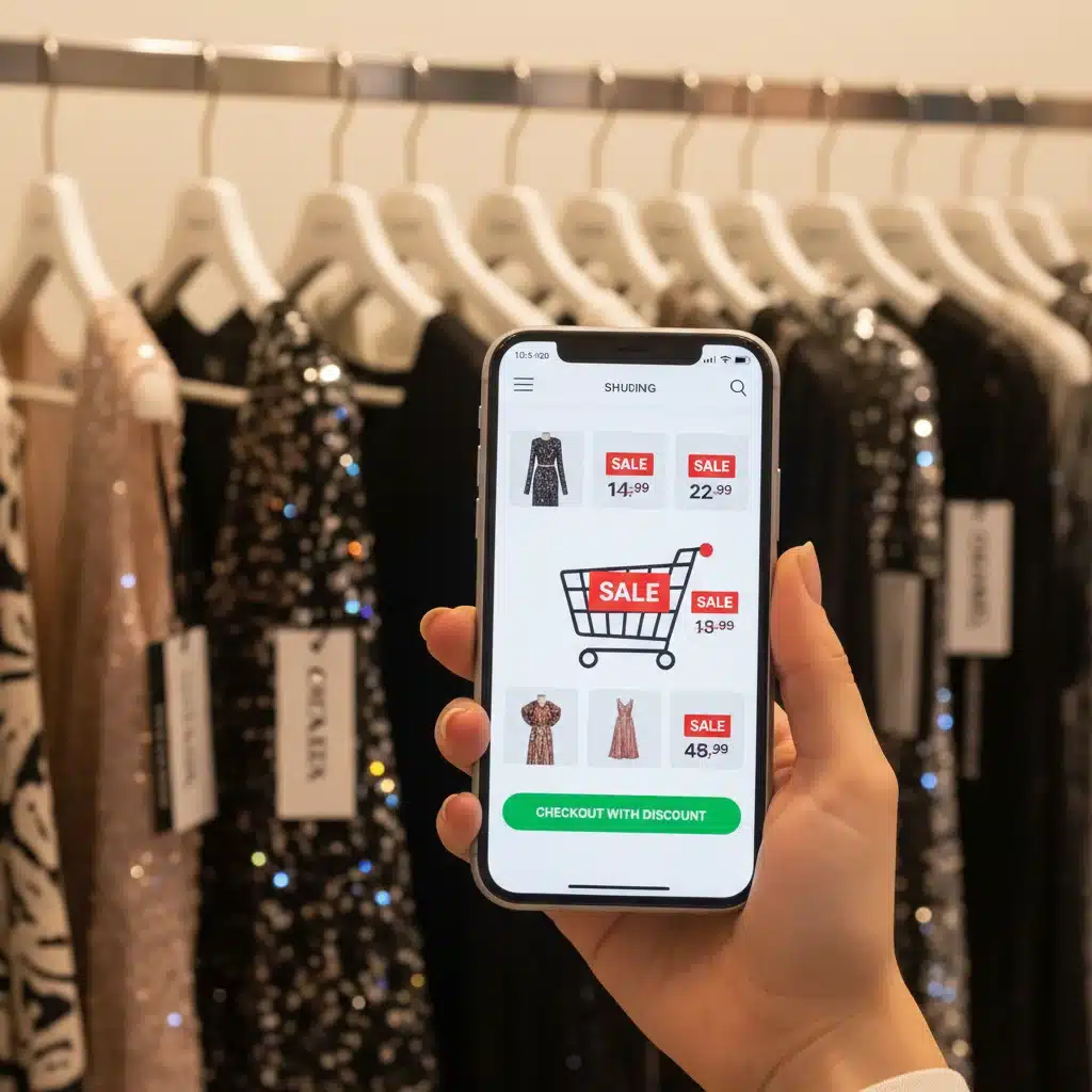 Online shopping for flash fashion deals, displaying a smartphone with discounted items.