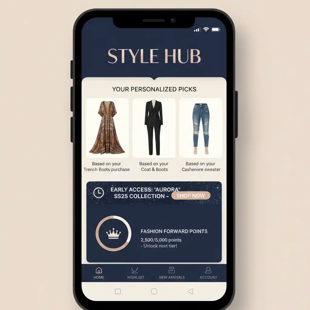 Smartphone displaying a personalized fashion loyalty app with exclusive offers and tailored recommendations.