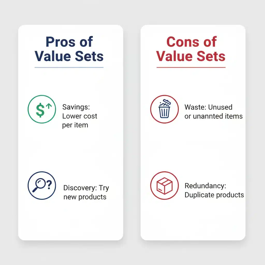 Infographic comparing pros and cons of makeup value sets