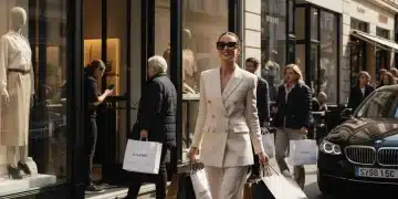 Woman with designer shopping bags, confidently walking after successful luxury purchase