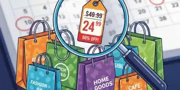 Smart shopper comparing prices with a magnifying glass over retail bags