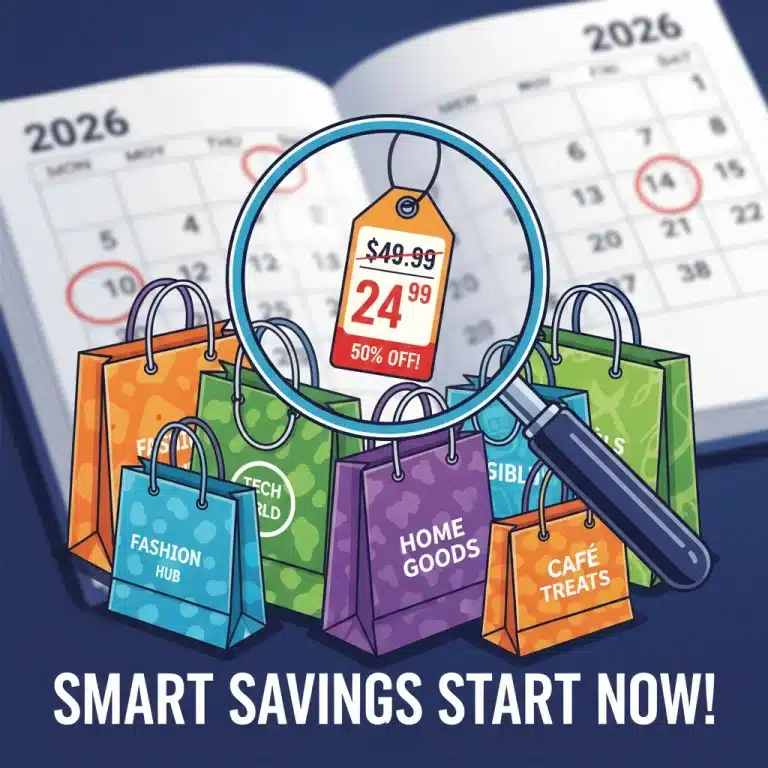Smart shopper comparing prices with a magnifying glass over retail bags