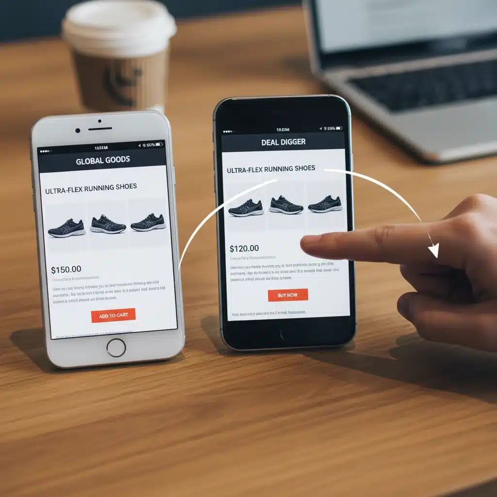 Smartphone displaying price comparison between two online retailers