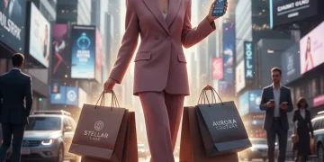 Stylish woman with shopping bags, showcasing successful fashion deal hunting in a modern city setting.