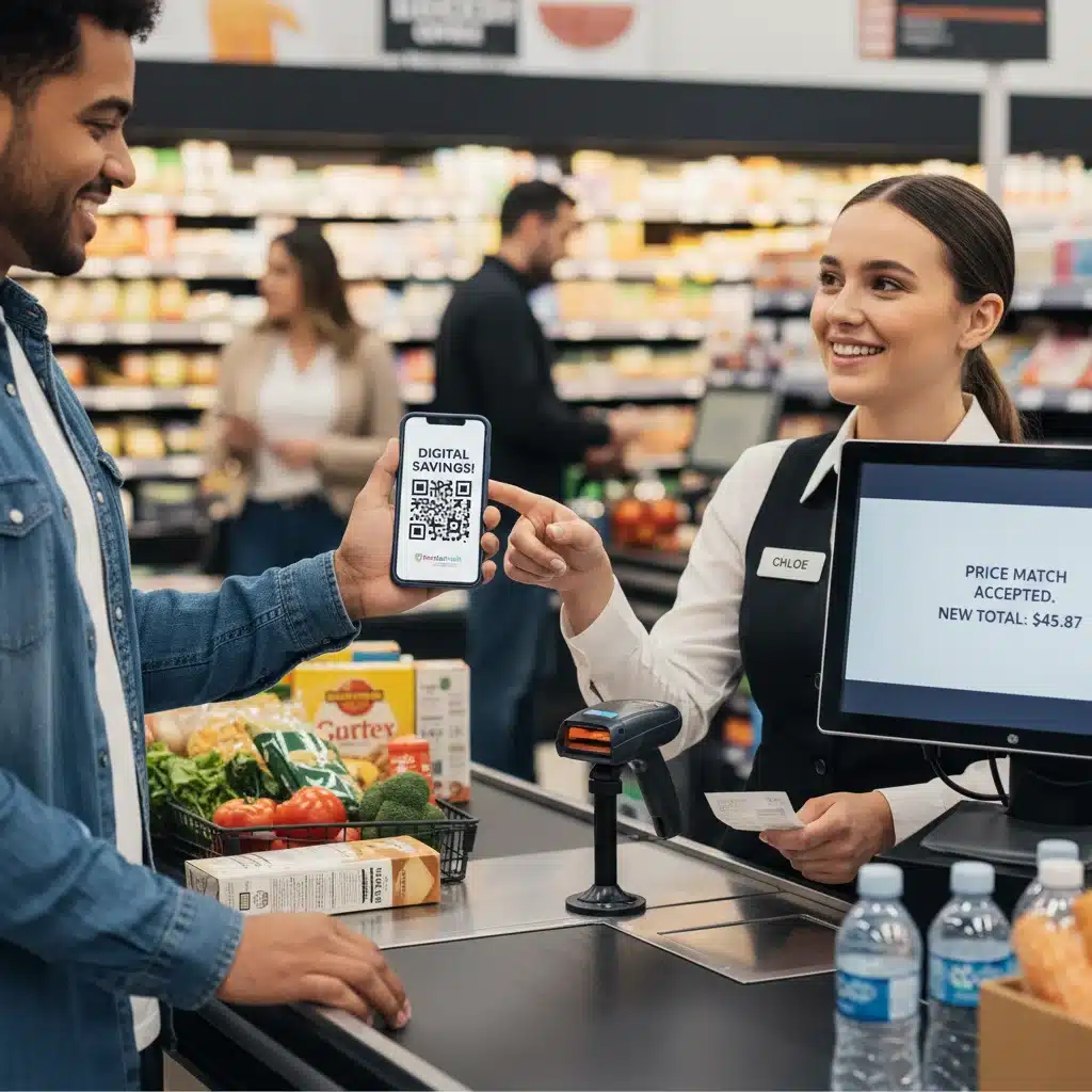 Customer successfully price matching at a retail checkout