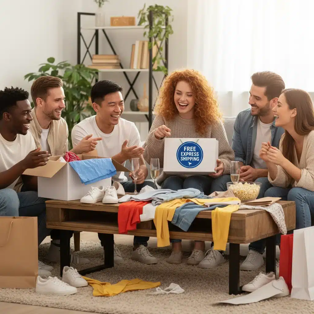 Friends unboxing fashion packages, celebrating free express shipping from a membership.
